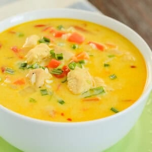 close up of coconut curry chicken soup recipe