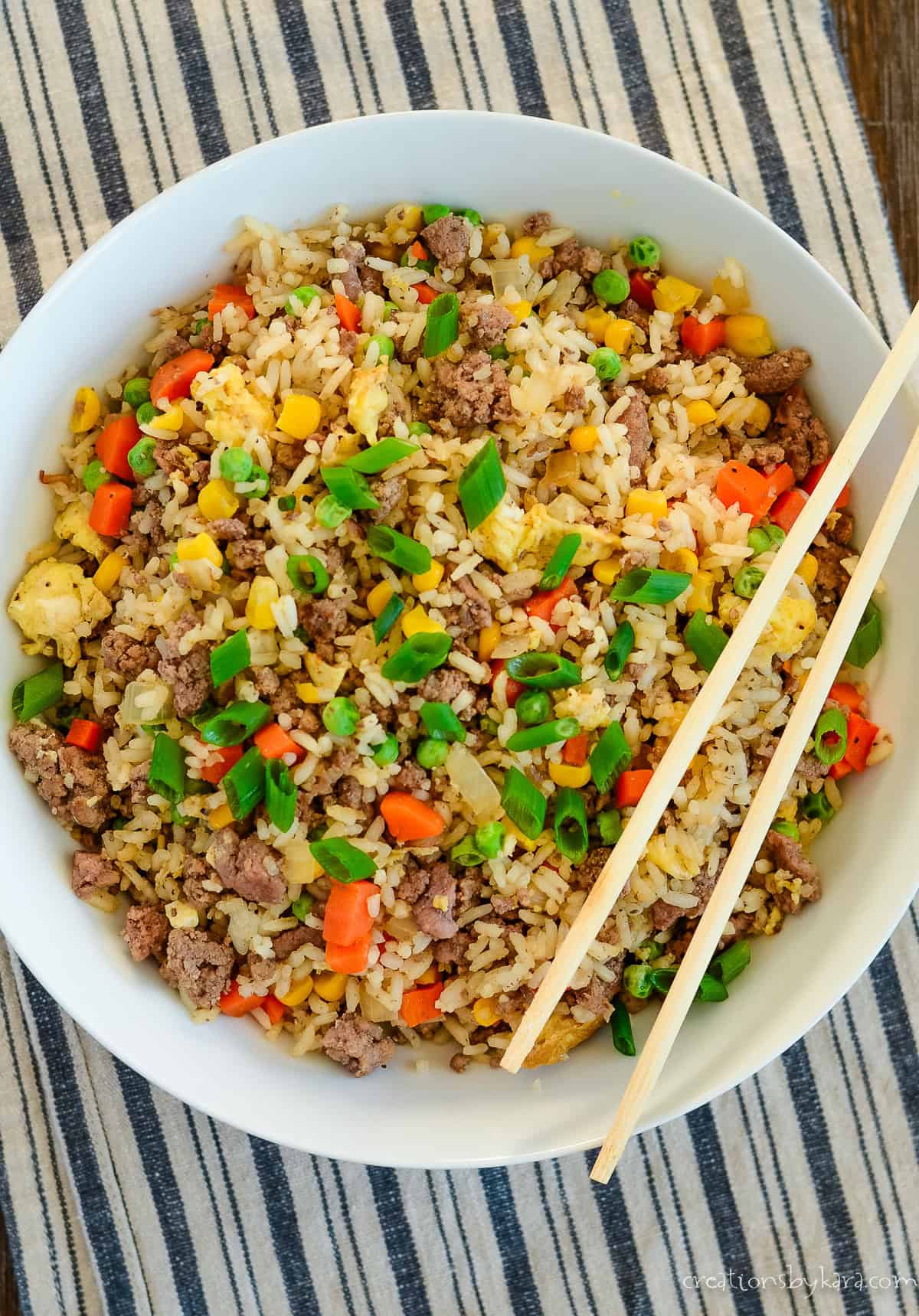 Ground Beef Fried Rice Recipe overhead shot of bowl of ground beef fried rice recipe