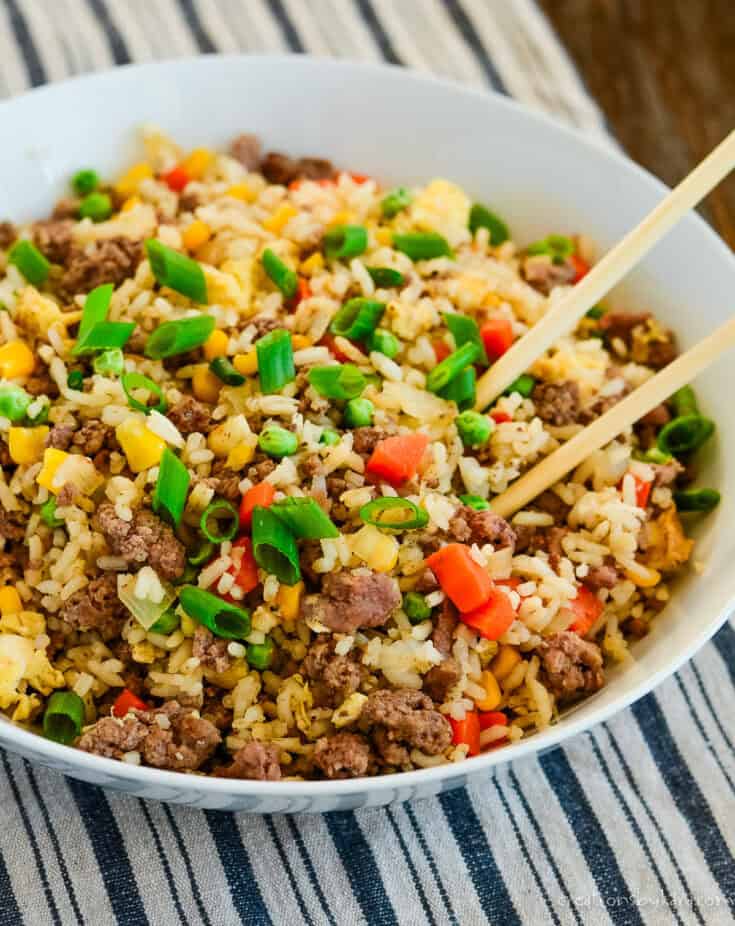 bowl of ground beef fried rice with chopsticks