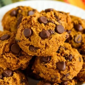 spice cake mix pumpkin chocolate chip cookies on a plate