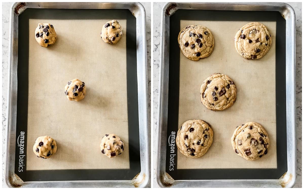 unbaked and baked chocolate chunk cookies on a cookie sheet