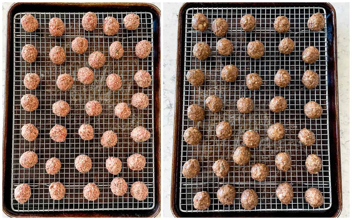 baking sheets of unbaked and baked spicy meatballs