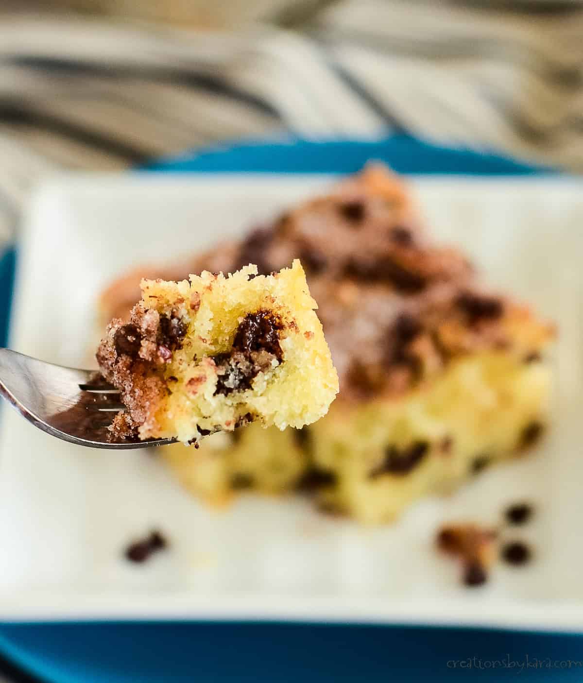 bite of chocolate chip coffee cake on a fork