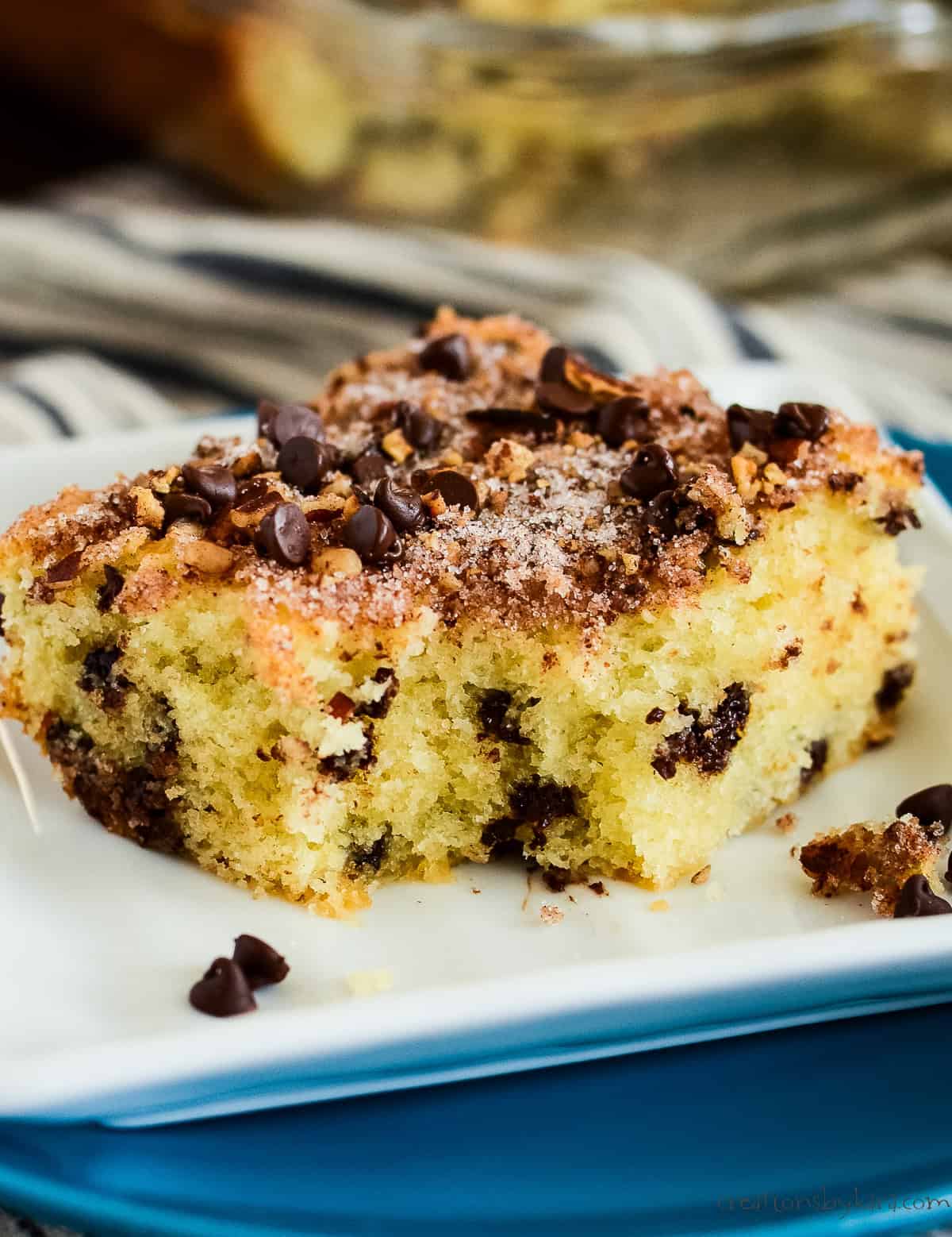 chocolate chip coffee cake with a bite taken out of it