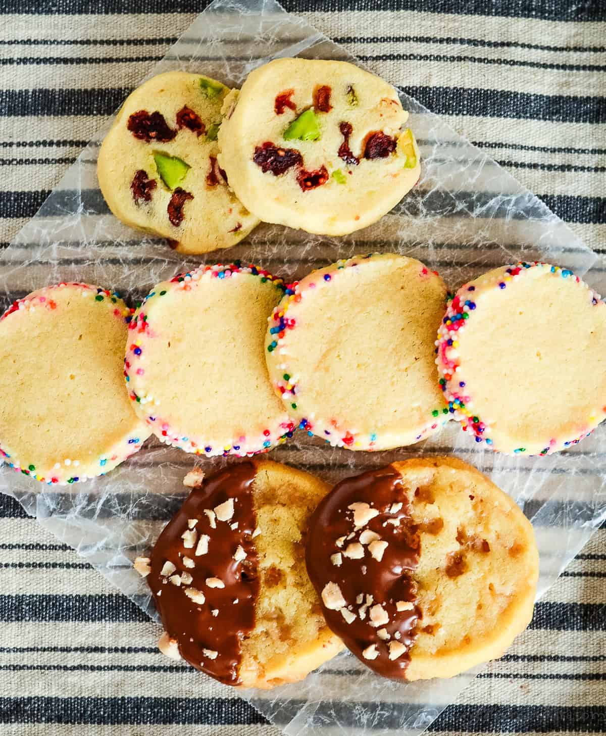 three varieties of icebox cookies on a tea towel