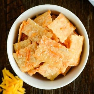 overhead shot of bowl of cheddar sourdough crackers