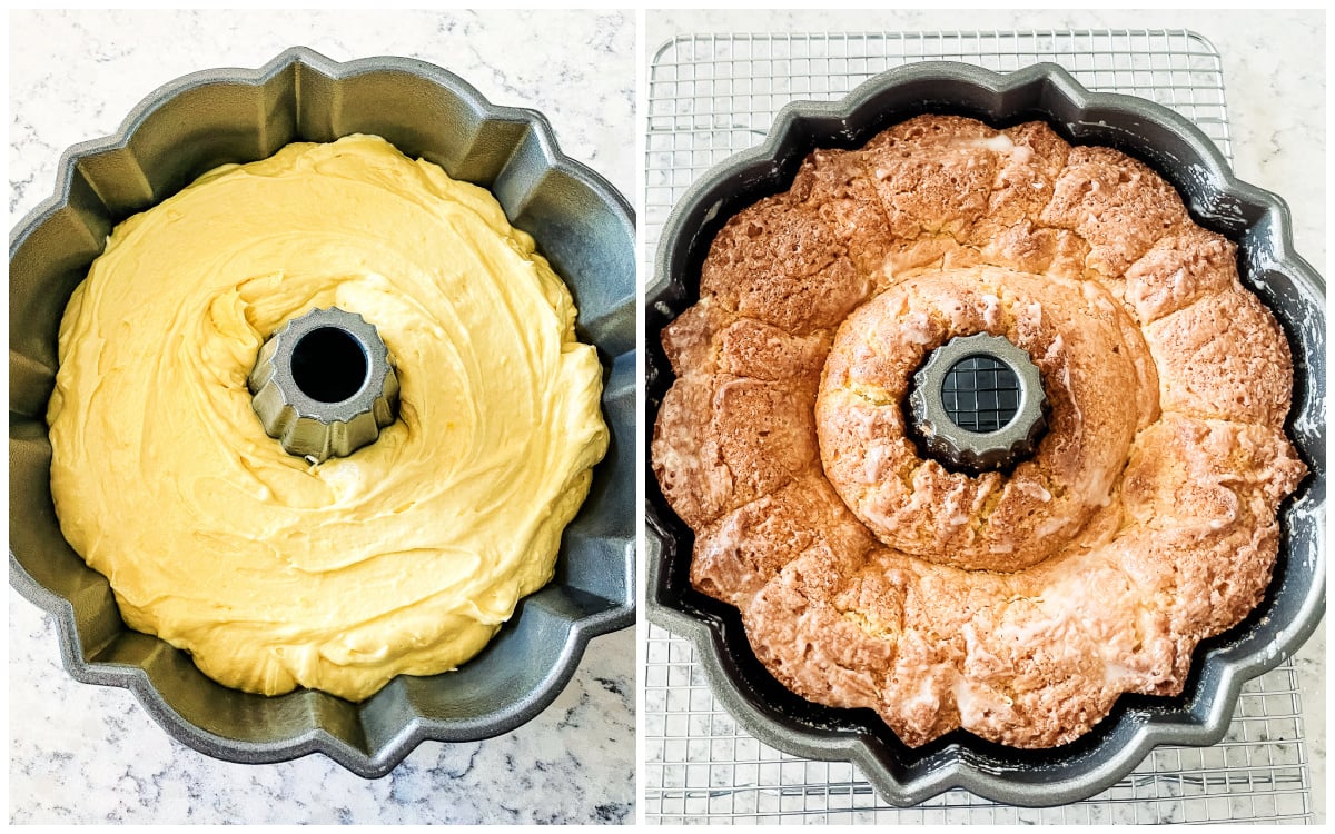 unbaked and baked lemon pudding bundt cake