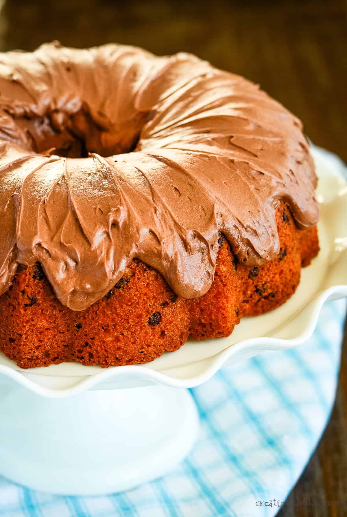chocolate chip bundt cake with chocolate frosting