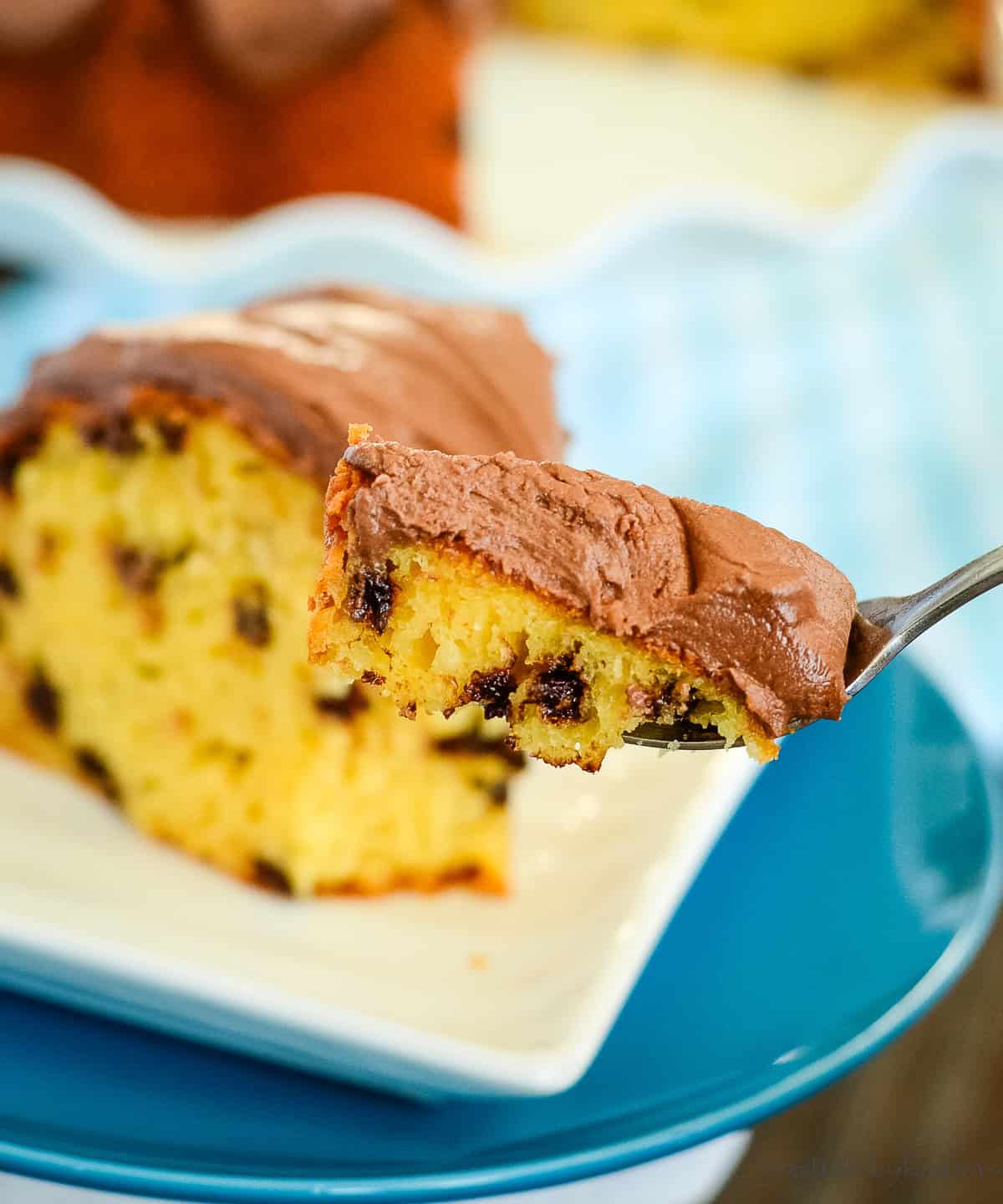 bite of chocolate chip bundt cake on a fork
