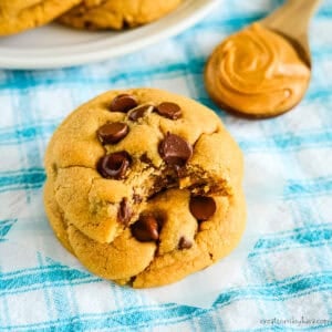 two chocolate chip peanut butter cookies, one broken in half