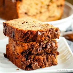 three slices of homemade nutella banana bread