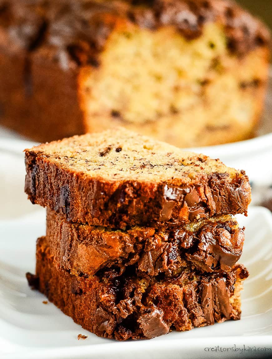slices of nutella banana bread on a plate with a loaf in the background