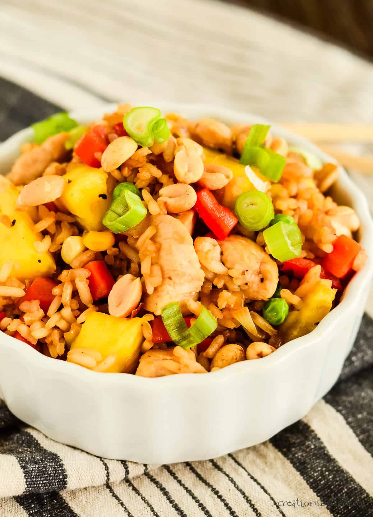 bowl of spicy pineapple chicken fried rice