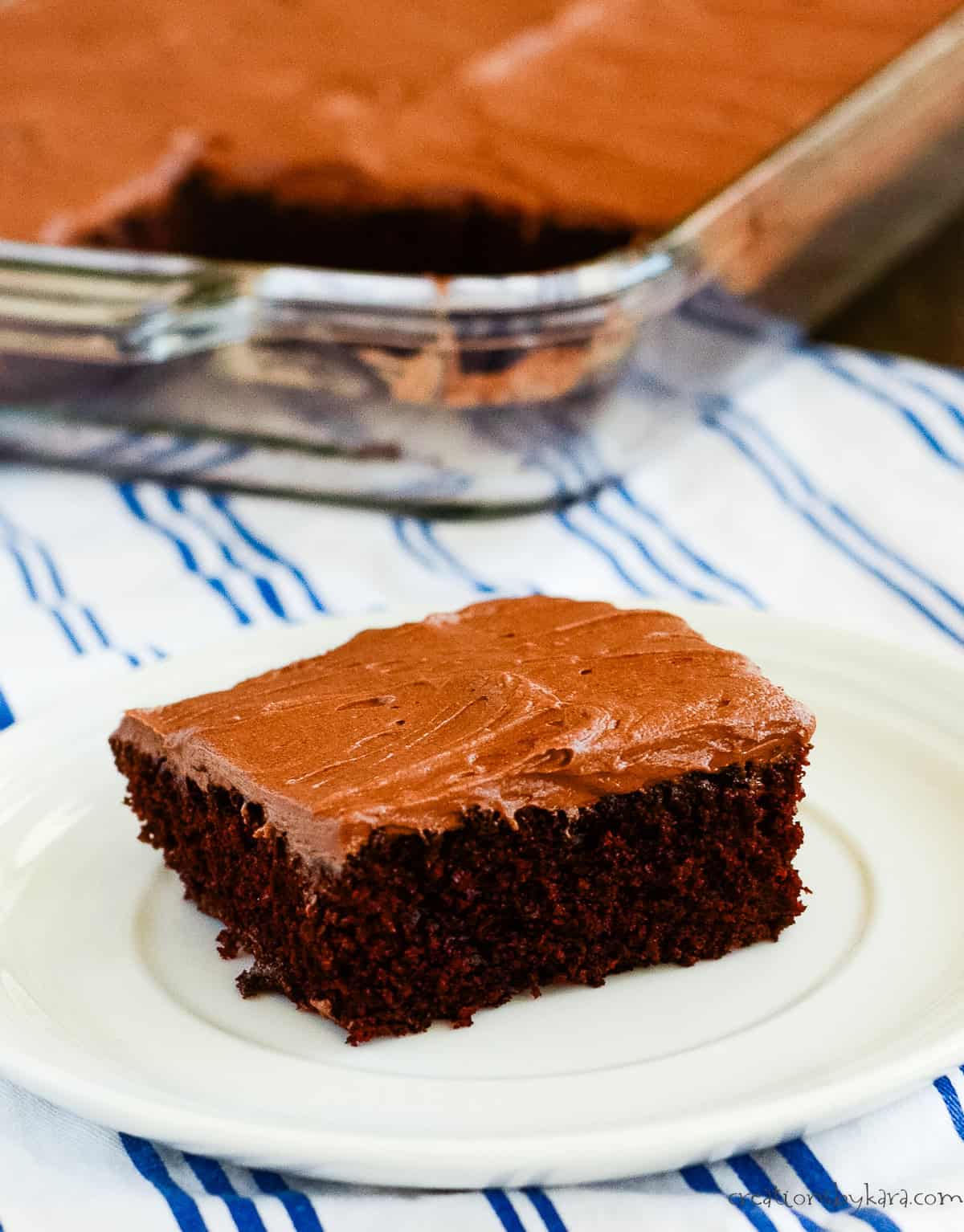 slice of old fashioned chocolate mayonnaise cake with chocolate frosting