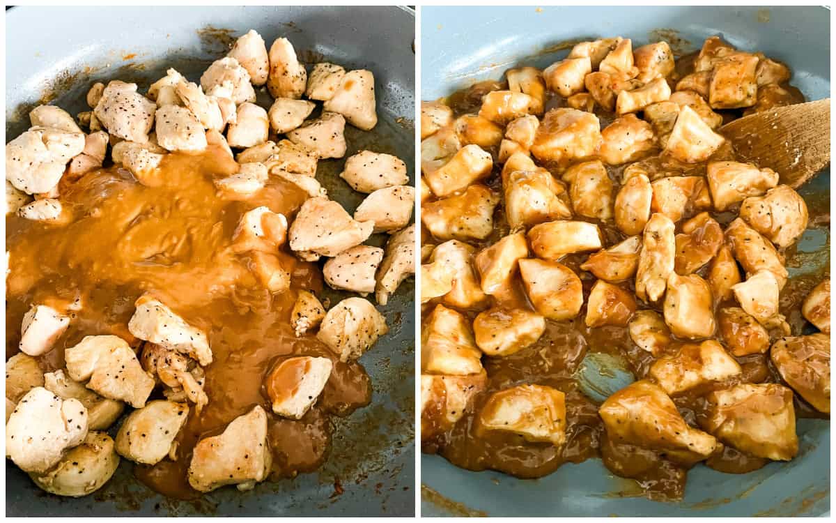 skillet of chicken with peanut sauce