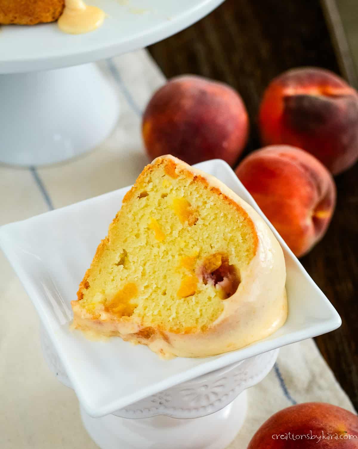 slice of peach cake on a plate