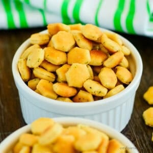 close up shot of bowl of spicy oyster crackers