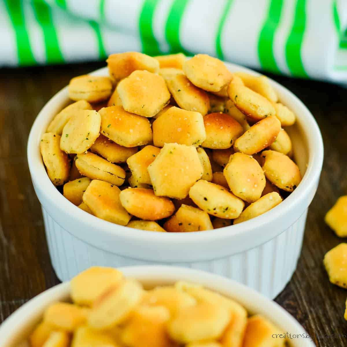 close up shot of bowl of spicy oyster crackers