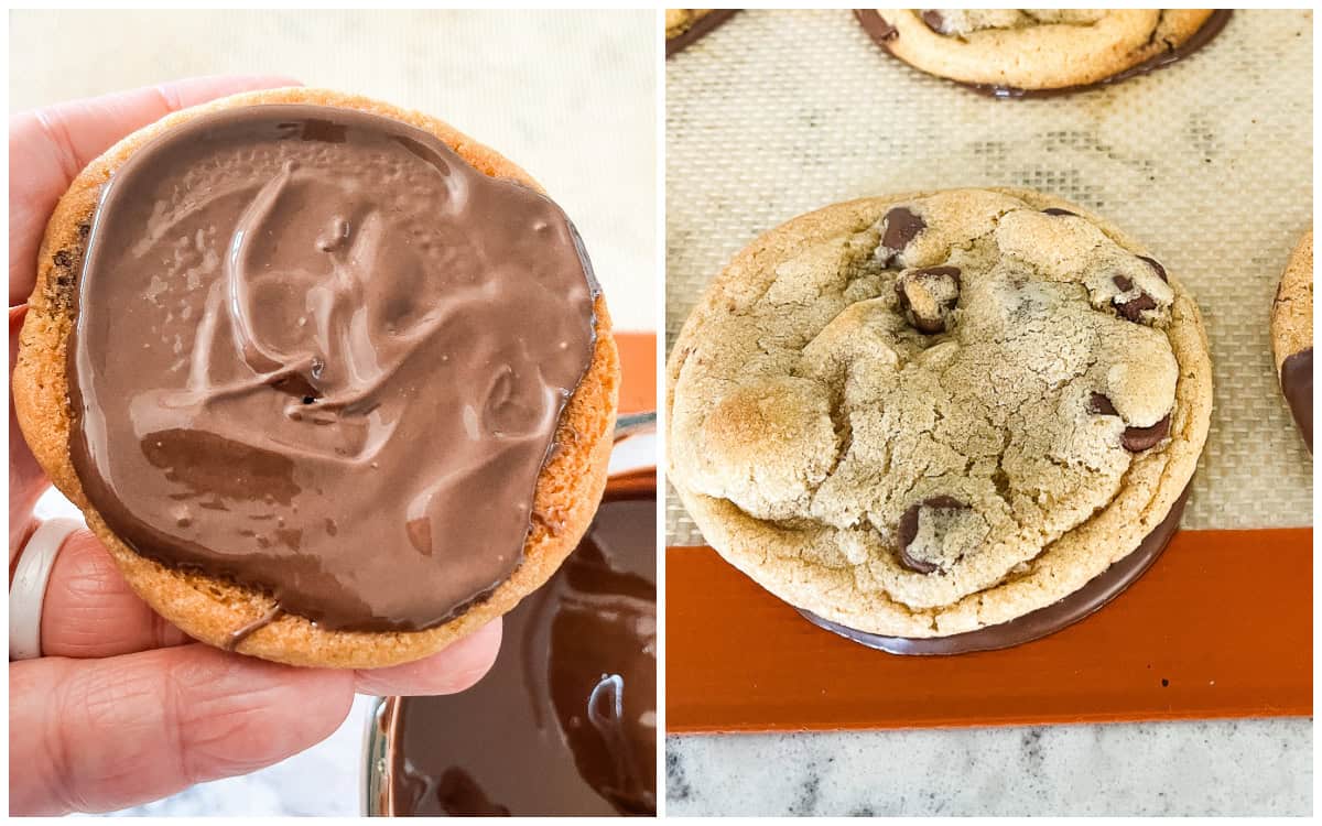 bottom of a chocolate chip cookie dipped in chocolate