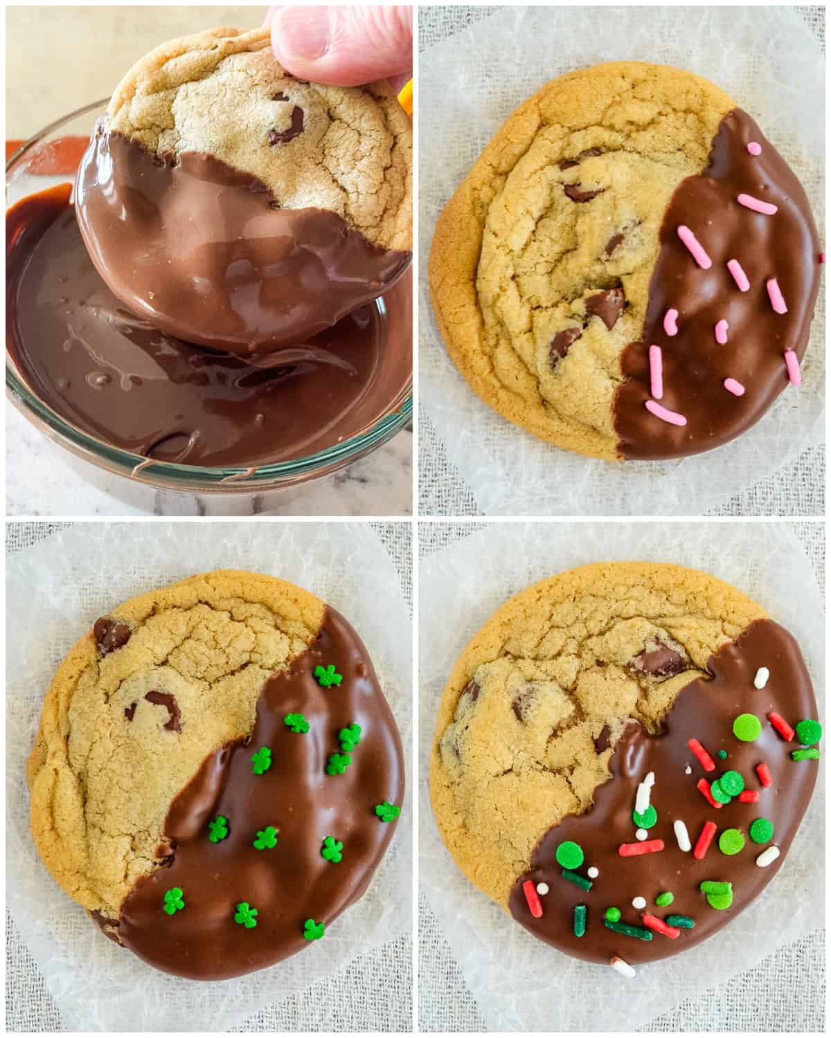 chocolate dipped chocolate chip cookies with holiday sprinkles