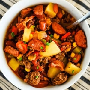overhead shot of bowl of cowboy stew