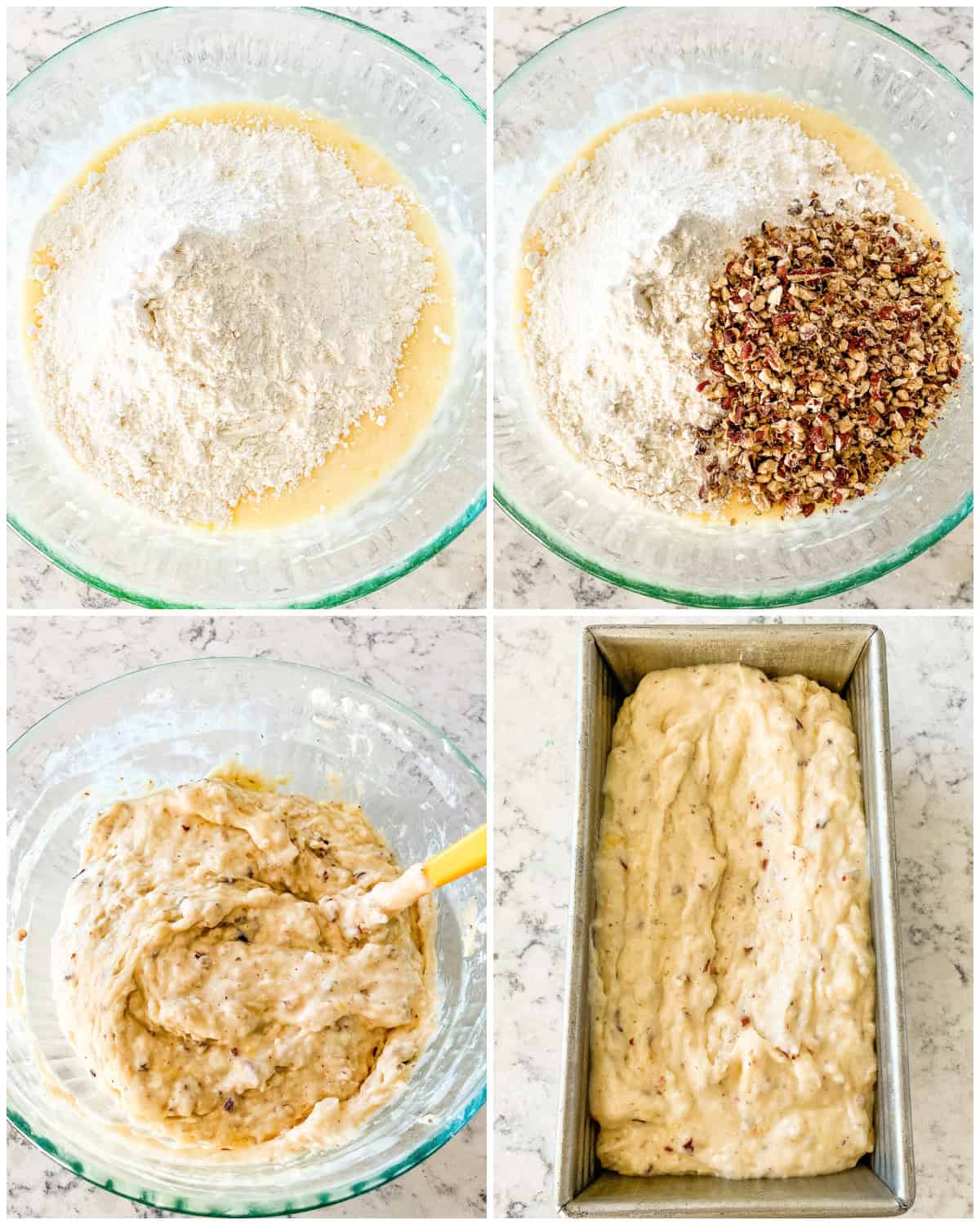 process shots - combining ingredients for banana bread recipe with 2 bananas
