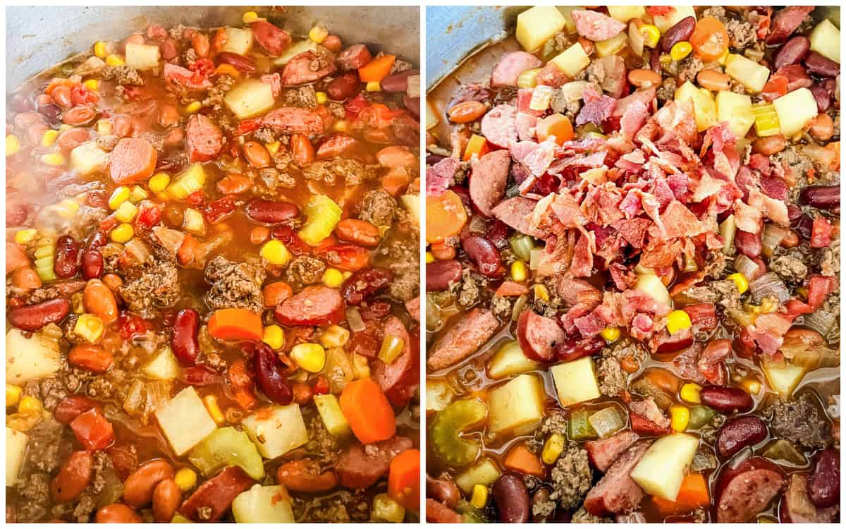 process shots - adding bacon to simmered cowboy stew recipe