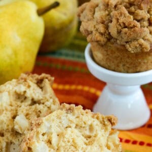 cinnamon crumb topped pear muffins recipe collage