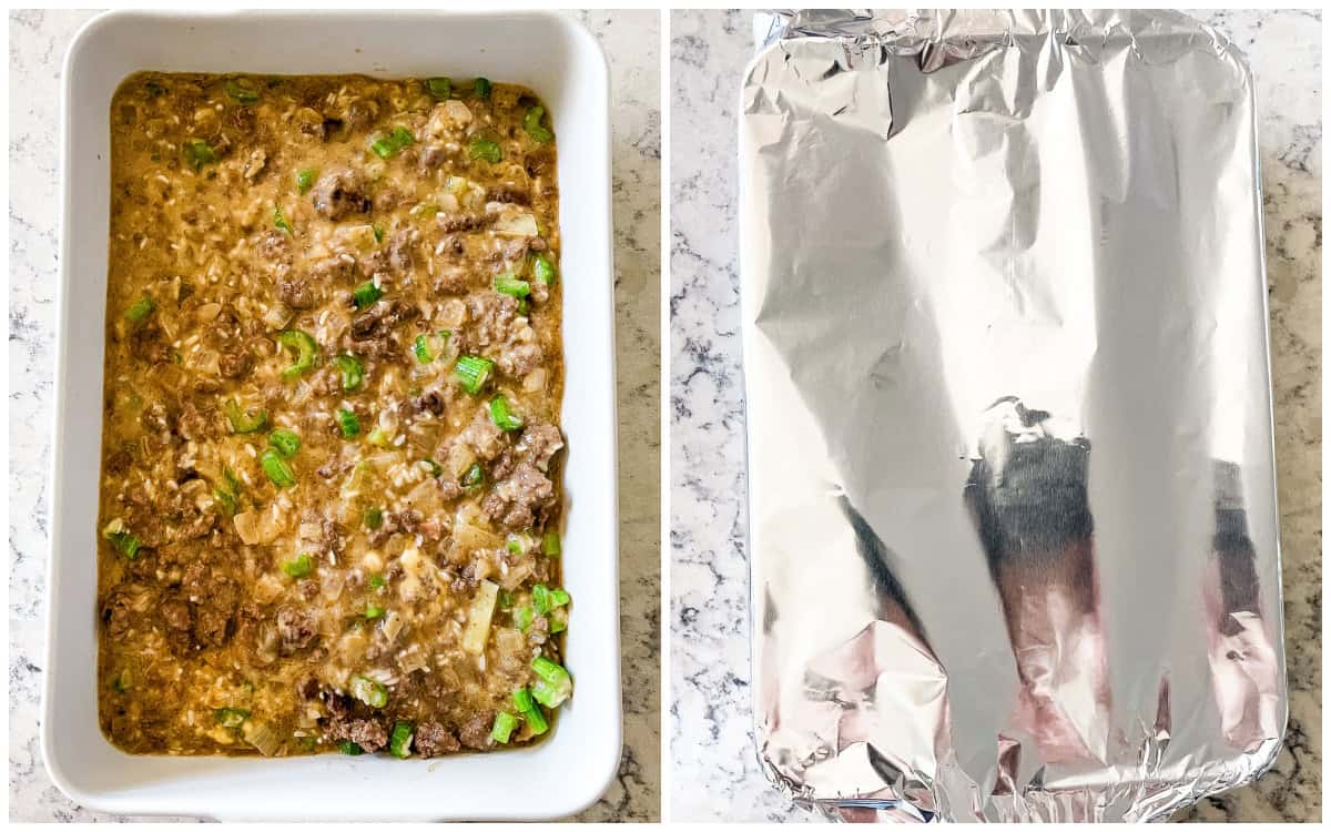 9x13 pan of chow mein covered with foil