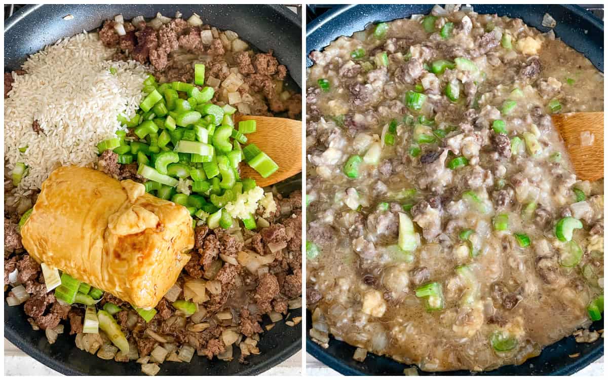 process shots- combining ingredients for hamburger chow mein recipe