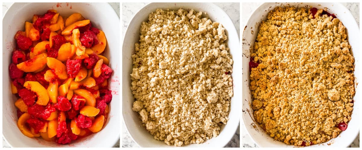 process shots- how to assemble peach raspberry crisp