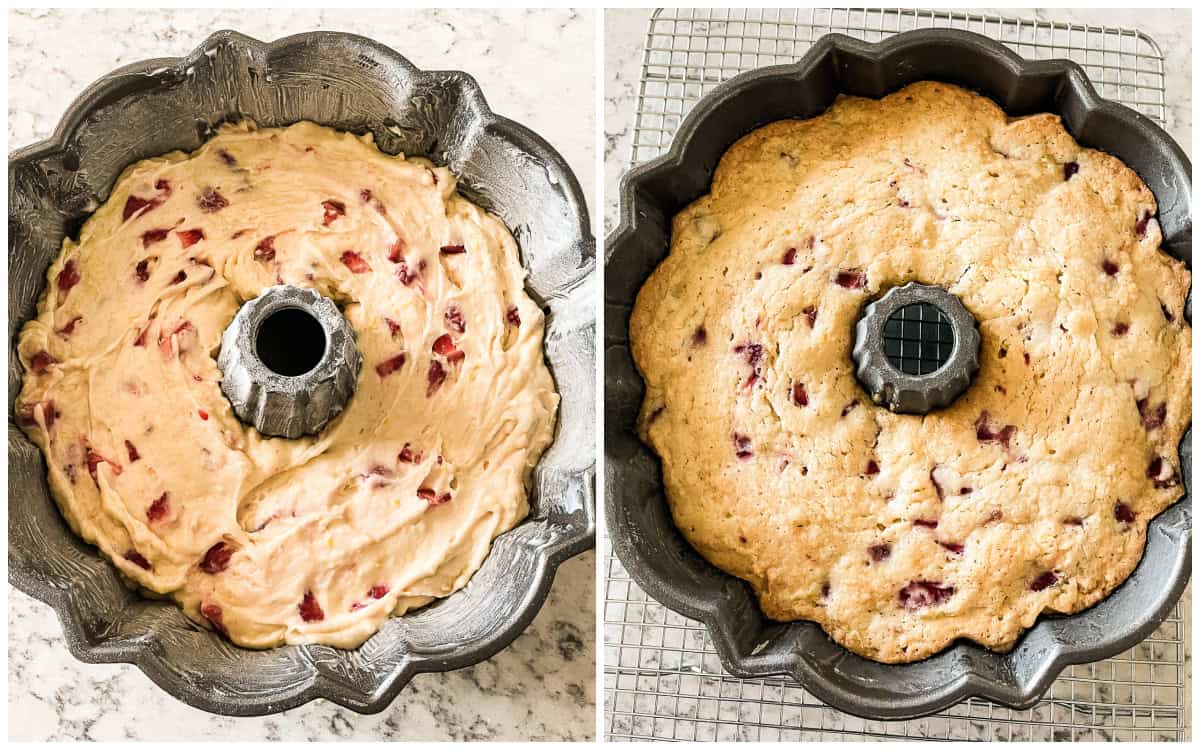 batter and baked cake in bundt pan
