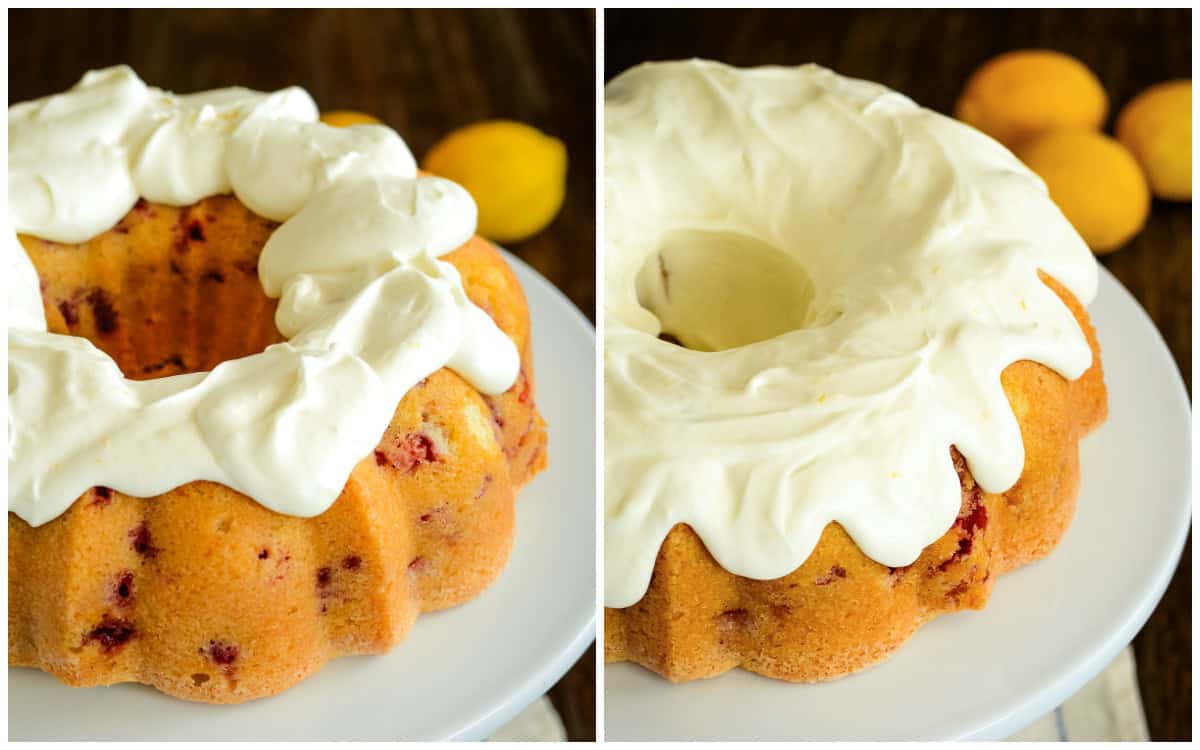 lemon cream cheese icing running down the sides of bundt cake