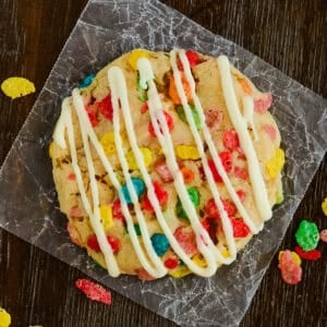 overhead shot of white chocolate fruity pebbles cookie