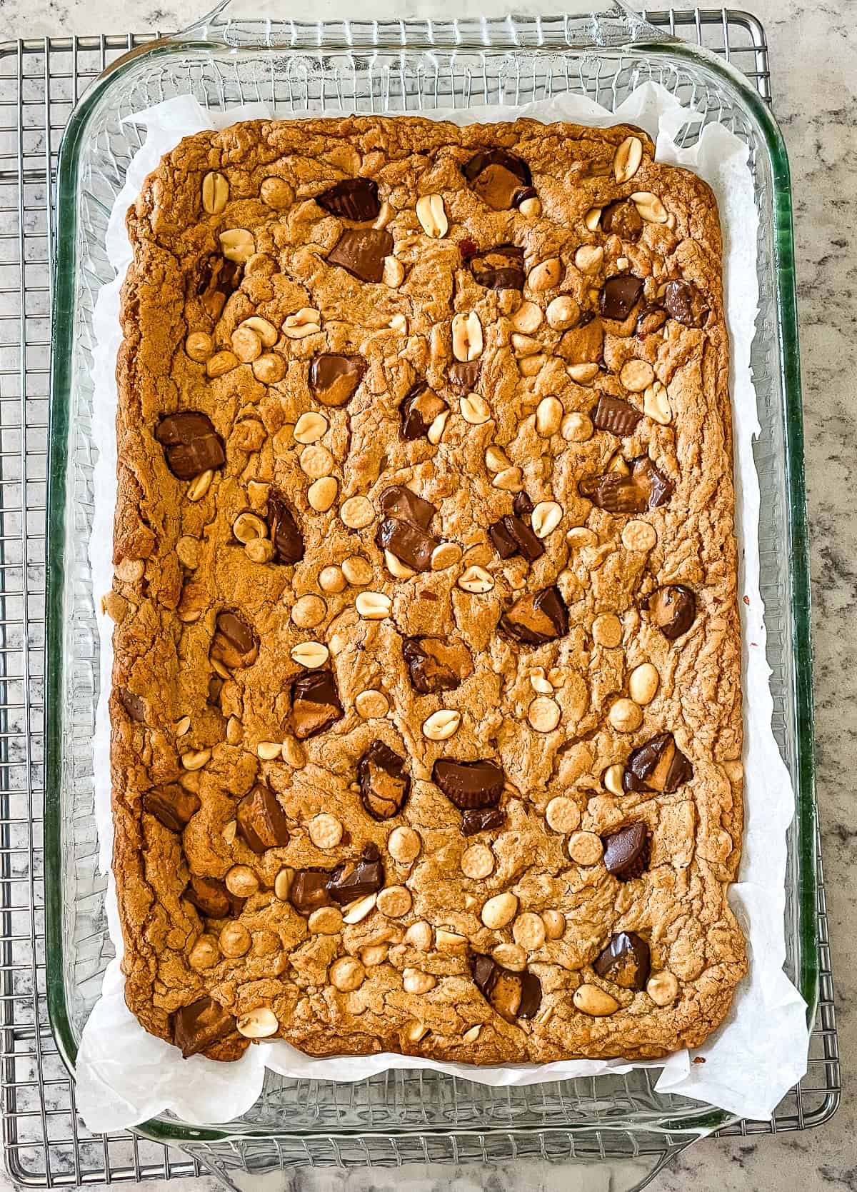 baked pan of peanut butter blondies with peanuts, peanut butter cups, and chips sprinkled on top