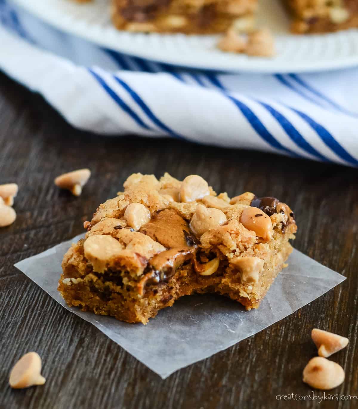 peanut butter blondie with a bite taken out of it