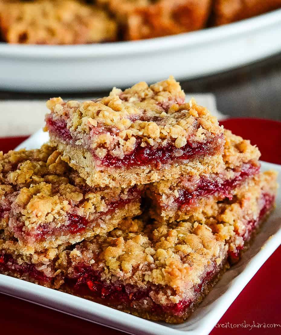 close-up of raspberry jam oatmeal bars