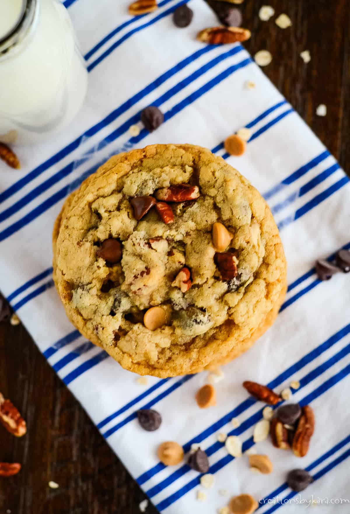 overhead shot of cookies with pecans, chocolate, and peanut butter chips