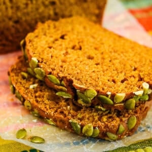 2 slices of copycat starbucks pumpkin bread on waxed paper
