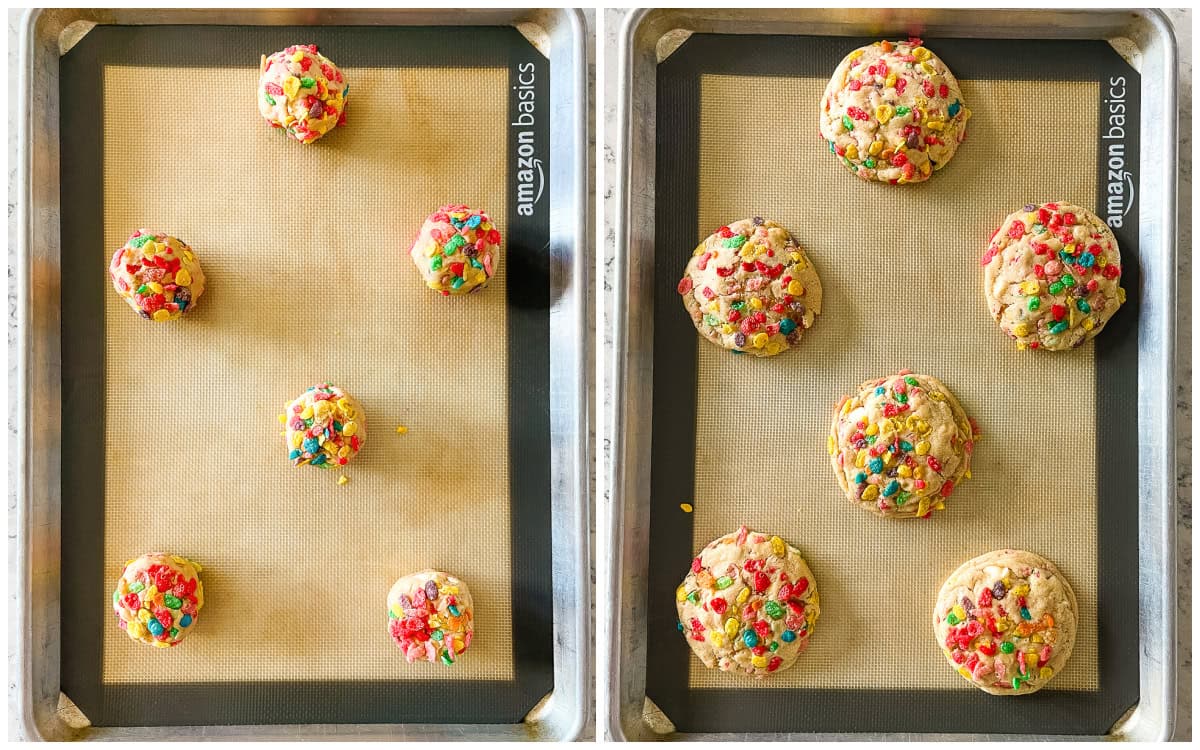 process shots for fruity pebbles cookie recipe - cookies before and after baking