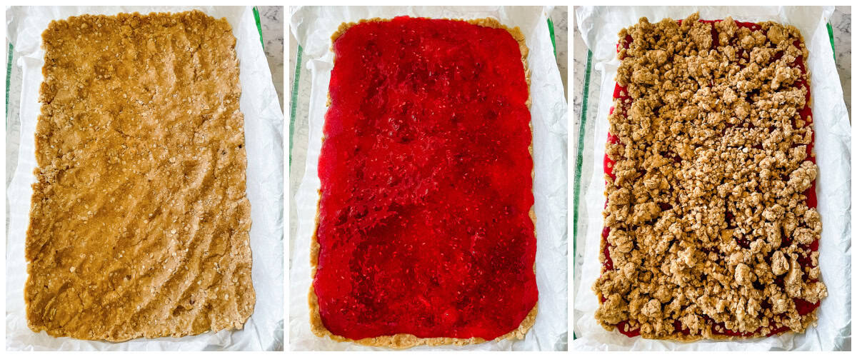 process shots - assembling raspberry oat bars recipe
